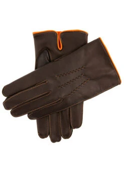 Men's Heritage Three-Point Cashmere-Lined Leather Gloves With Colour Contrast Details -Dents 15 1514 Brown Tangerine Tangerine Tangerine