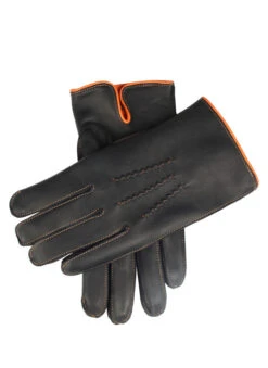 Men's Heritage Three-Point Cashmere-Lined Leather Gloves With Colour Contrast Details -Dents 15 1514BlackTangerine