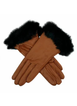 Women's Heritage Silk-Lined Leather Gloves With Fur Cuffs -Dents 17 2030Cognac