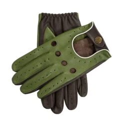 Men’s Touchscreen Three-Colour Leather Driving Gloves -Dents 5 0010 Lincoln Green Brown White