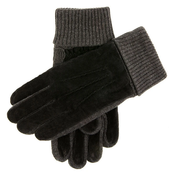 Men's Three-Point Fleece-Lined Suede Gloves With Knitted Cuffs