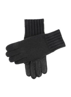 Men's Cashmere Knitted Gloves With Suede Palm Patch -Dents 5 4522 Black