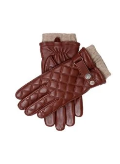 Men's Wool-Lined Quilted Leather Gloves With Knitted Cuffs -Dents 5 9053 20brown