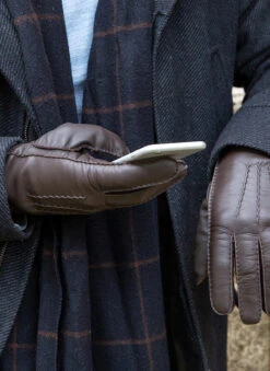 Men's Touchscreen Handsewn Three-Point Cashmere-Lined Leather Gloves -Dents 5 9201 Brown
