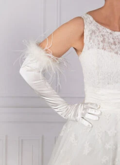Women's Long Opera Satin Gloves With Feather Cuffs -Dents 6 2290 ivory cf6f7aea 05a8 4db0 9f35 a2d33ac9cd1d