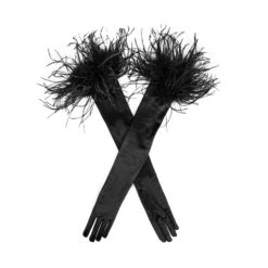 Women's Long Opera Satin Gloves With Feather Cuffs