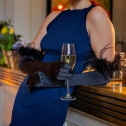 Women's Long Opera Satin Gloves With Feather Cuffs -Dents 6 2290Black 1