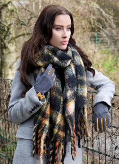 Women's Touchscreen Velour-Lined Faux Suede Gloves With Colour Contrast Details -Dents 6 4262 Charcoal