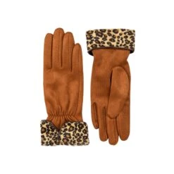 Women’s Touchscreen Velour-Lined Faux Suede Gloves With Faux Fur Leopard Print Cuffs -Dents 6 4276 Cognac 1