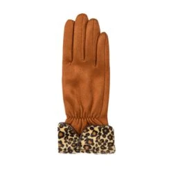 Women’s Touchscreen Velour-Lined Faux Suede Gloves With Faux Fur Leopard Print Cuffs -Dents 6 4276 Cognac 2