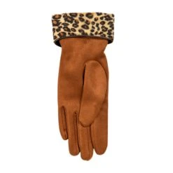 Women’s Touchscreen Velour-Lined Faux Suede Gloves With Faux Fur Leopard Print Cuffs -Dents 6 4276 Cognac 3