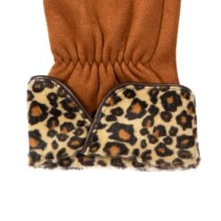 Women’s Touchscreen Velour-Lined Faux Suede Gloves With Faux Fur Leopard Print Cuffs -Dents 6 4276 Cognac 4