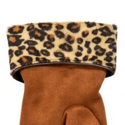 Women’s Touchscreen Velour-Lined Faux Suede Gloves With Faux Fur Leopard Print Cuffs -Dents 6 4276 Cognac 5