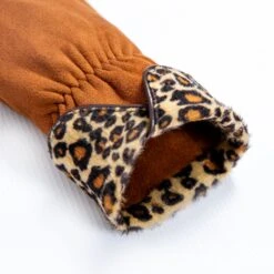 Women’s Touchscreen Velour-Lined Faux Suede Gloves With Faux Fur Leopard Print Cuffs -Dents 6 4276 Cognac 8