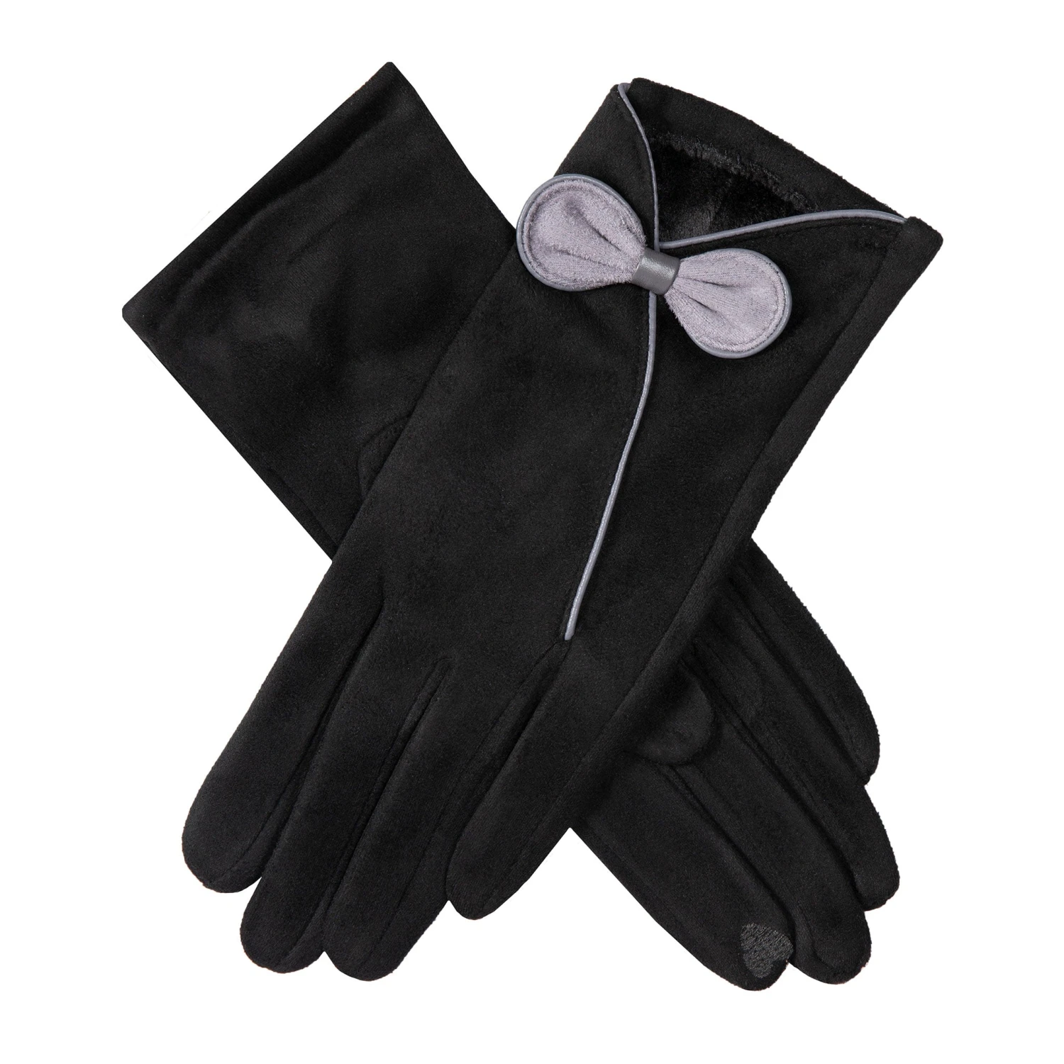 Women’s Touchscreen Velour-Lined Faux Suede Gloves With Contrast Trim And Bow - Image 11