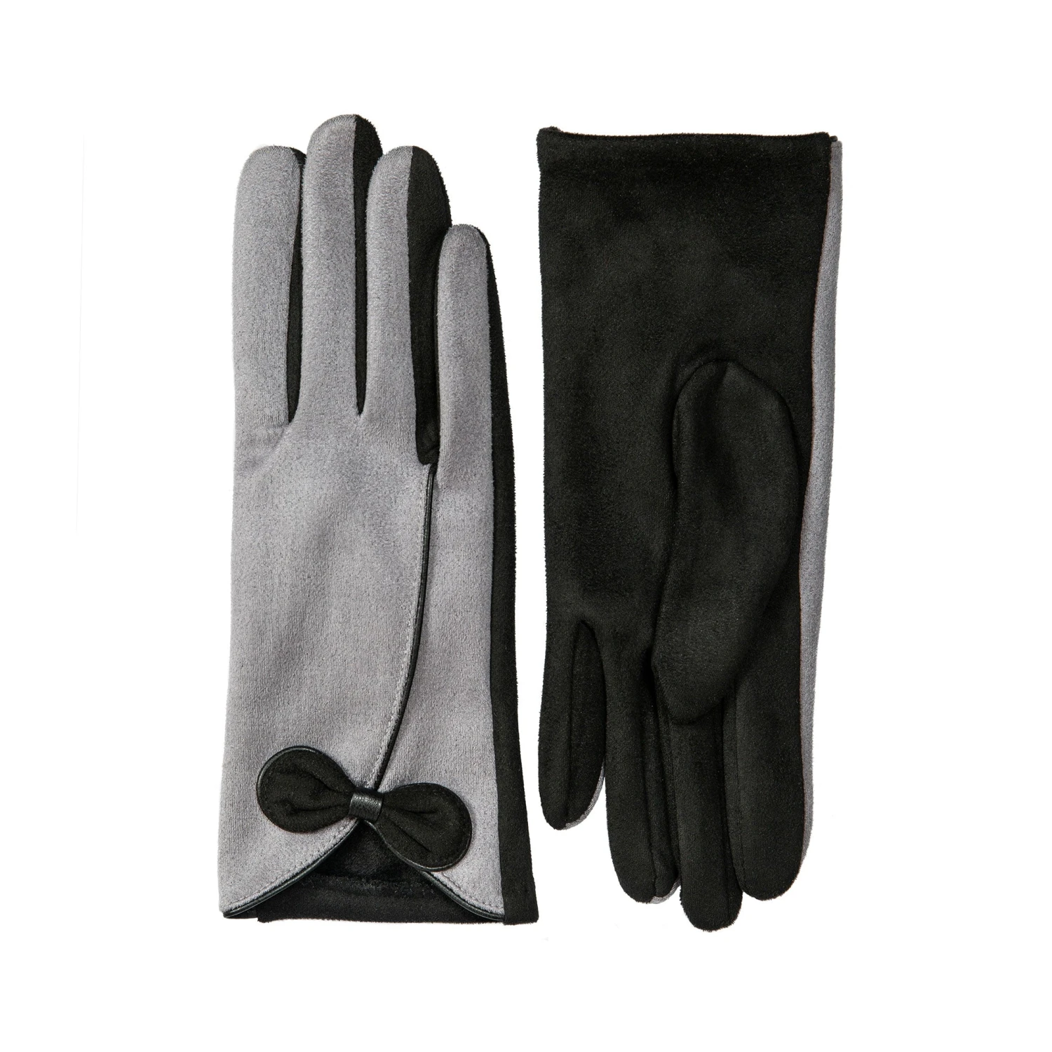 Women’s Touchscreen Velour-Lined Faux Suede Gloves With Contrast Trim And Bow - Image 4