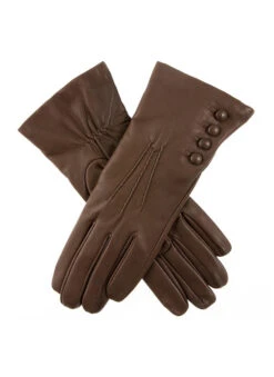 Women's Three-Point Cashmere-Lined Leather Gloves With Buttons -Dents 7 2060 mocca
