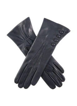 Women's Three-Point Silk-Lined Leather Gloves With Buttons -Dents 7 2079 navy eee77c3a 43cd 4115 8159 2874a2a848d0
