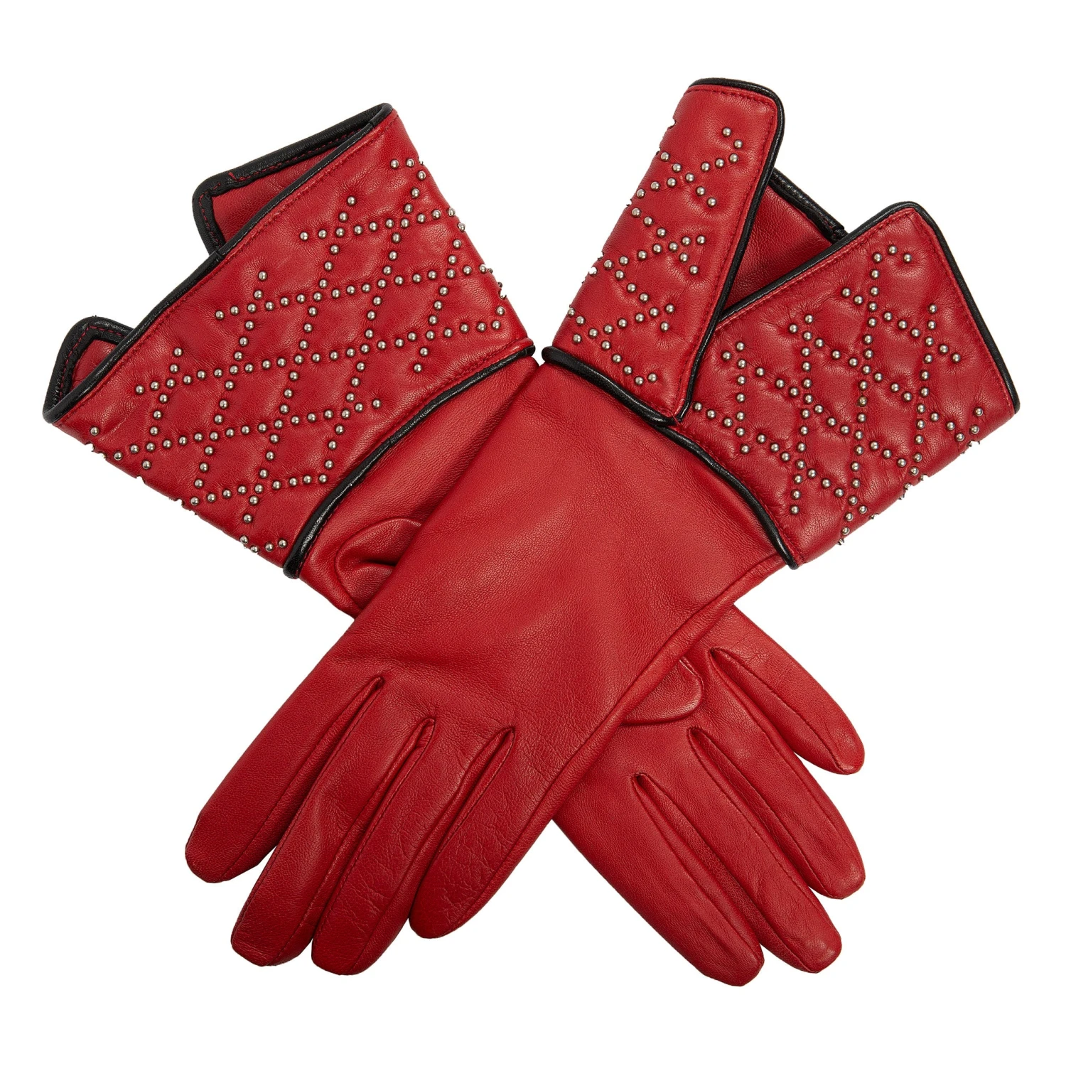 Women’s Silk-Lined Leather Gloves With Studded Gauntlet Cuff