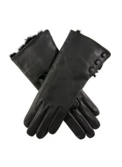 Women's Wool-Lined Leather Gloves With Fur Cuffs -Dents 7 2334 black