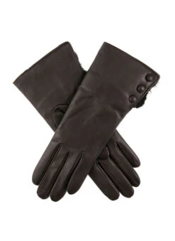 Women's Wool-Lined Leather Gloves With Fur Cuffs -Dents 7 2334 mocca