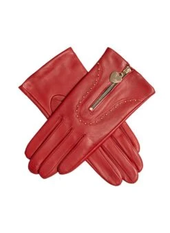 Women's Lined Leather Gloves With Studs And Heart Pendant
