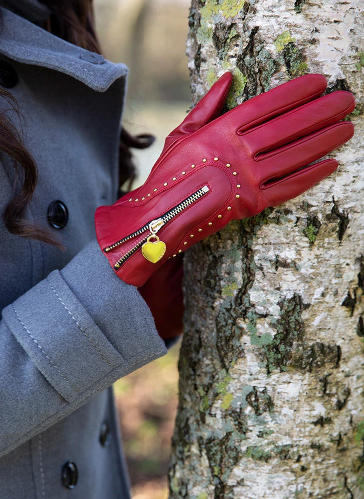 Women's Lined Leather Gloves With Studs And Heart Pendant - Image 2