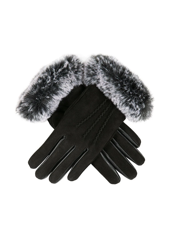 Women’s Water-Resistant Three-Point Faux Fur-Lined Nubuck Leather Gloves With Faux Fur Cuffs