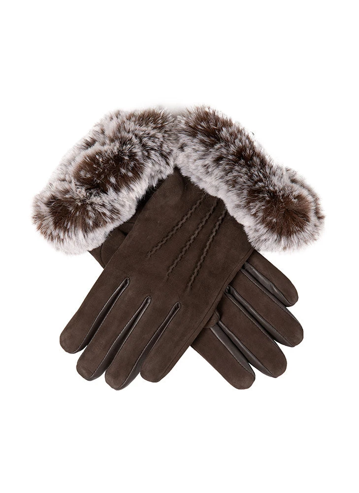 Women’s Water-Resistant Three-Point Faux Fur-Lined Nubuck Leather Gloves With Faux Fur Cuffs - Image 3