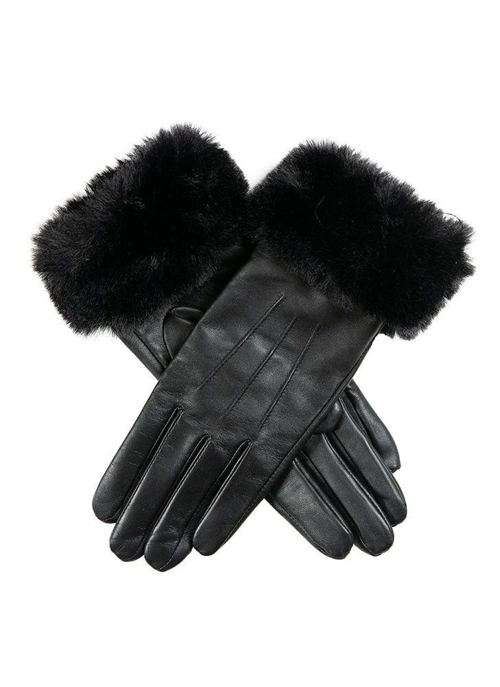 Women’s Touchscreen Three-Point Lined Leather Gloves With Faux Fur Cuffs - Image 4
