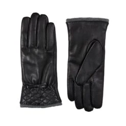 Women’s Wool-Lined Leather Gloves With Quilted Cuffs And Bow -Dents 7 5021 Black Charcoal 1