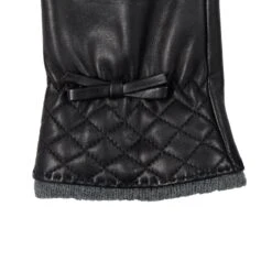 Women’s Wool-Lined Leather Gloves With Quilted Cuffs And Bow -Dents 7 5021 Black Charcoal 4