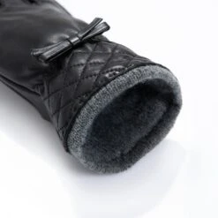 Women’s Wool-Lined Leather Gloves With Quilted Cuffs And Bow -Dents 7 5021 Black Charcoal 8