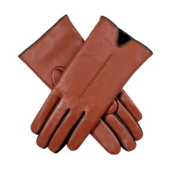 Women’s Single-Point Lined Leather Gloves With Colour Contrast Details -Dents 7 5024 Cognac Black 05c3c712 7626 4205 8b58 3f64572acc70