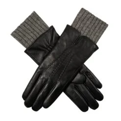 Women’s Three-Point Wool Blend-Lined Leather Gloves With Knitted Cuffs