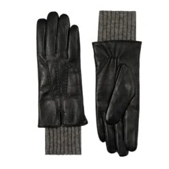 Women’s Three-Point Wool Blend-Lined Leather Gloves With Knitted Cuffs -Dents 7 5025 Black Charcoal 1