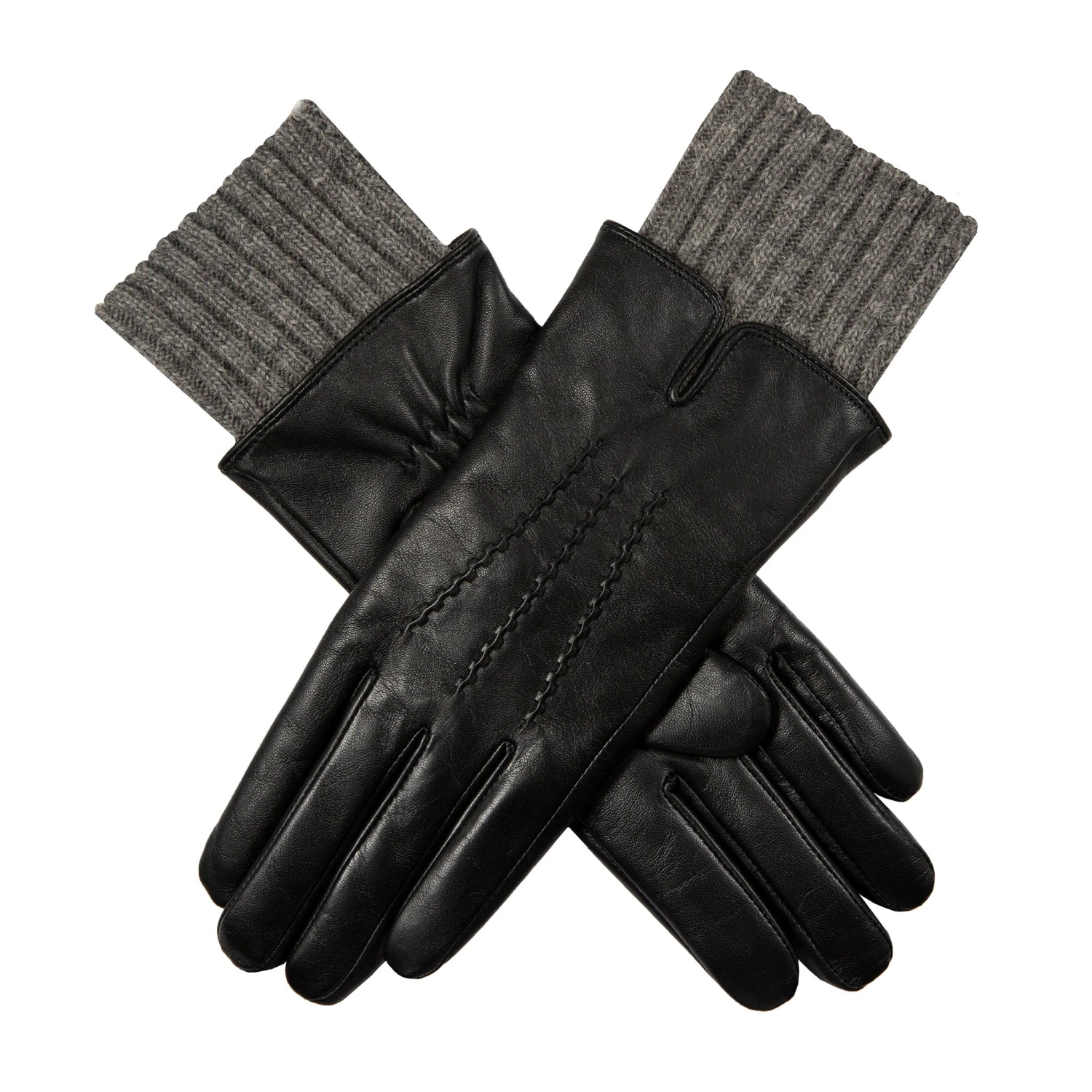 Women’s Three-Point Wool Blend-Lined Leather Gloves With Knitted Cuffs