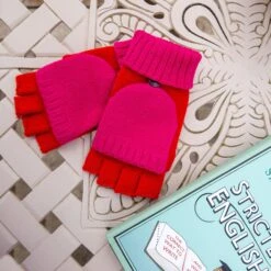 Women’s Two-Tone Fingerless Gloves With Mitten Flap -Dents fingerless gloves mittens red pink