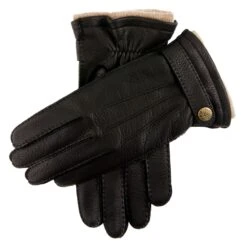 Men's Handsewn Three-Point Cashmere-Lined Deerskin Leather Gloves With Cashmere Cuffs -Dents mens deerskin cashmere lined leather gloves Black