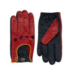 Men’s Touchscreen Three-Colour Leather Driving Gloves -Dents mens leather touchscreen three colour gloves red navy yellow