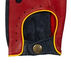 Men’s Touchscreen Three-Colour Leather Driving Gloves -Dents mens leather touchscreen three colour gloves red navy yellow back cuff