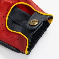 Men’s Touchscreen Three-Colour Leather Driving Gloves -Dents mens leather touchscreen three colour gloves red navy yellow open cuff
