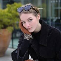 Women’s Touchscreen Velour-Lined Faux Suede Gloves With Faux Fur Leopard Print Cuffs -Dents womens brown faux suede gloves leopard print