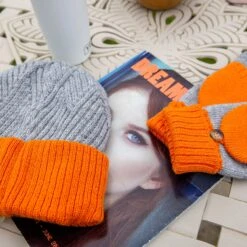 Women’s Two-Tone Fingerless Gloves With Mitten Flap -Dents womens fingerless mittens gloves grey orange 2