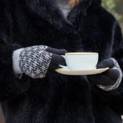 Women’s Jacquard Knitted Gloves With Hash Symbol Pattern -Dents womens knitted bobble gloves black grey 2