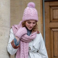 Women’s Cable Knit Gloves With Marl Yarn -Dents womens knitted scarves hat gloves in powder pink