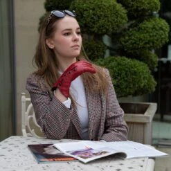 Women’s Wool-Lined Leather Gloves With Buttons And Piping -Dents womens leather gloves with buttons berry