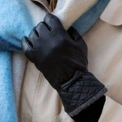 Women’s Wool-Lined Leather Gloves With Quilted Cuffs And Bow -Dents womens leather gloves with quilted cuffs black grey 2
