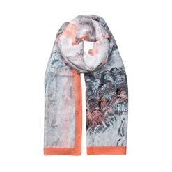 Women’s Abstract Landscape Print Silk-Like Lightweight Scarf With Border