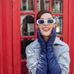 Women's Single-Point Long Above-Elbow Lined Leather Gloves -Dents womens long leather gloves blue 1